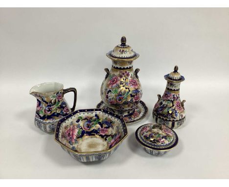 A Collection of Losol Ware Pottery in the 'Shanghai' Pattern, to include: a twin handled bulbous jar and cover, a similar sma