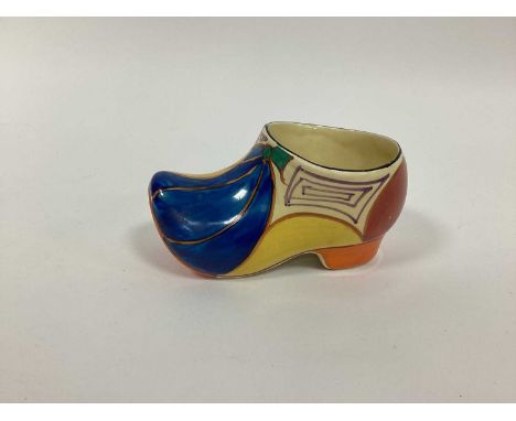 A Wilkinson Clarice Cliff Fantasque Pottery Clog or Sabot, painted in the 'Melon' pattern, printed marks, 13.5cm long.some sm