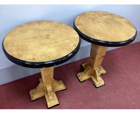 A Pair of Art Deco Style Tables, with circular tops, on tapering column supports, 74cm high, 60cm wide.