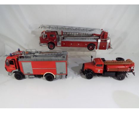 Three completed model kits to include an Opal Classic fire truck by Italeri in 1:24 scale and similar (3)