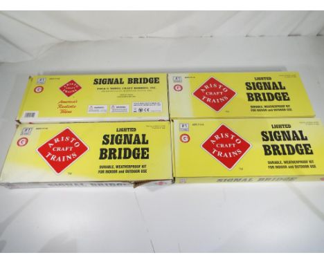 Model Railways - four G scale lighted signal bridges in original boxes by Aristo Craft Trains, ref # 7110, unchecked for cont