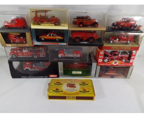 Diecast - Fourteen diecast models of fire vehicles in boxes comprising Matchbox Models of Yesteryear, Schuco, Verem, Brumm, C