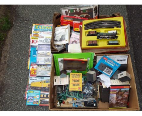 Model Railways - two boxes containing a good collection of scenics OO gauge to include sleepers, manual uncouplers, fencing, 