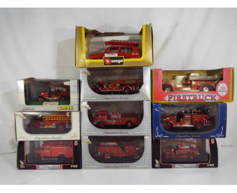 Diecast - Ten diecast models of fire appliances in 1:43 scale, 1:24 scale and similar to include Burago / Bburago, ERTL, Sign