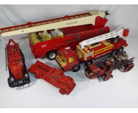 Tonka Toys and others - Five fire engines comprising two unboxed, unpowered fire engine, a tinplate fire tender and two cast 