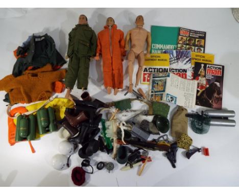 A lot to include three Mintex action man type figures, a quantity of accessories including clothing, equipment, weapons, Acti