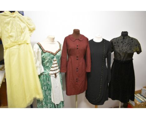 A mixed lot of vintage dresses, including 1960s dress with sheer full length sleeves, beading and rhinestones, red 1950s/60s 