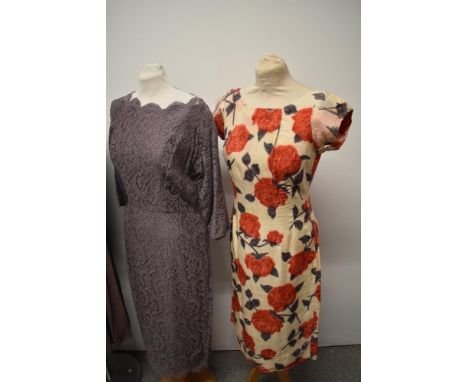 Three vintage dresses, comprising; late 1940s cotton dress with Peter Pan collar and button down front, 1950s silk dress with