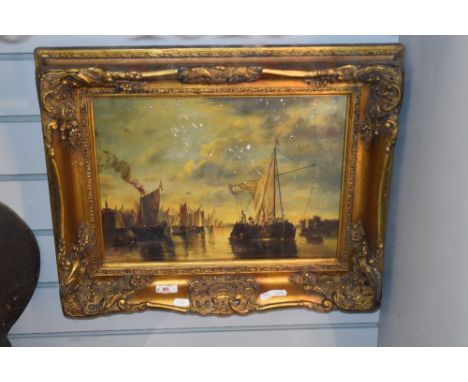 After Unknown Artist, colour print, A Dutch maritime scene depicting masted vessels in calm water, signed indistinctly to the
