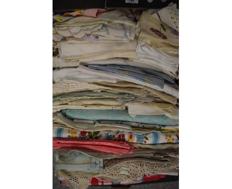 A box of vintage and antique table linen, including embroidered, coloured and lace edged items.