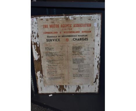 A vintage AA motor car pricing list, Cumberland &amp; Westmorland Division, on paper and backed onto board, measuring 48cm x 