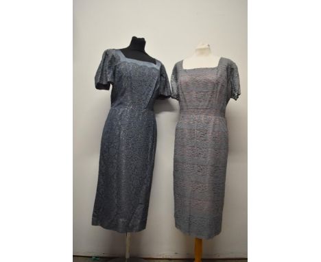 Two vintage 1950s blue lace dresses, one having pink taffeta lining and the other lilac, larger sizes.