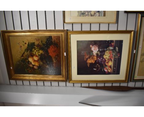After Arnoldus Bloemers (1792-1844), a reproduction print, A still life depicting a solitary gold finch, with fruit and flowe