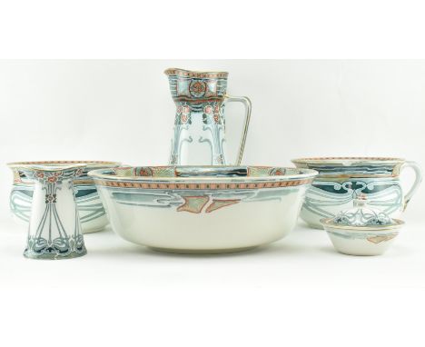 An Art Nouveau early 20th century circa 1903 Secessionist ceramic Royal Doulton ' Aubrey ' set in blue &amp; orange. The set 