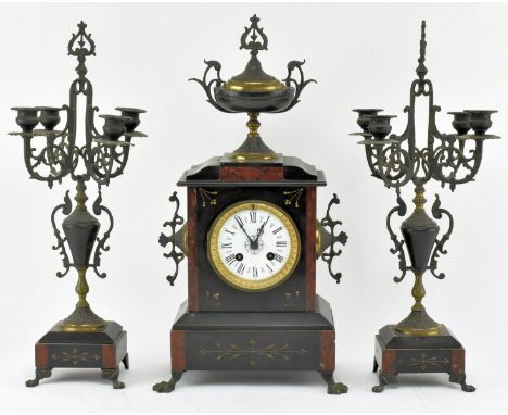 Raison & Thomas - A French 19th century circa 1880s red marble & slate mantle clock garniture. The 8 day movement clock havin