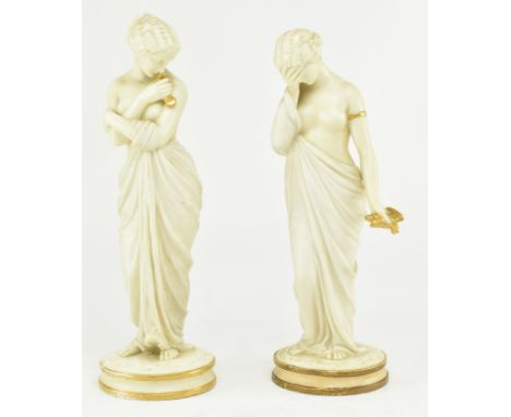 Royal Worcester - A Victorian 19th century circa 1862 fine bone china figures of Joy &amp; Sorrow. Each figure having a gold 