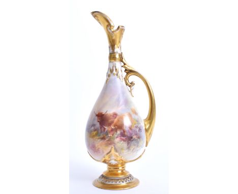 A late Victorian 19th century circa 1873 Royal Worcester hand painted fine bone china handle vase by M. Stinton. The vase hav