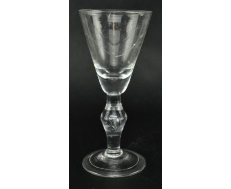 An exceptionally rare mid 18th century circa 1750 Dutch stipple engraved wineglass after Gyrinus and David Wolff. The glass f