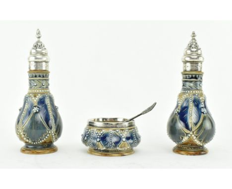 Royal Doulton Lambeth - A Victorian 19th century 1876 hand painted ceramic &amp; silver hallmarked stoneware cruet set. The s