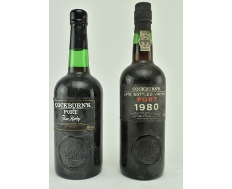 Two vintage Portuguese Cockburn's Port / Porto bottles. The lot to include a circa 1970s/80s Cockburn's, Port Fine Ruby bottl