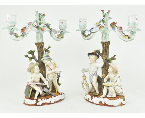 A pair of German late 19th century Sitzendorf porcelain twin armed candelabra candlesticks. Each candlestick having a twin ar