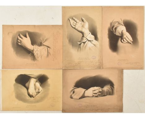 Five mid 19th century circa 1842 French loose engraved plates, each being a close up study of hands or feet. Each printed by 