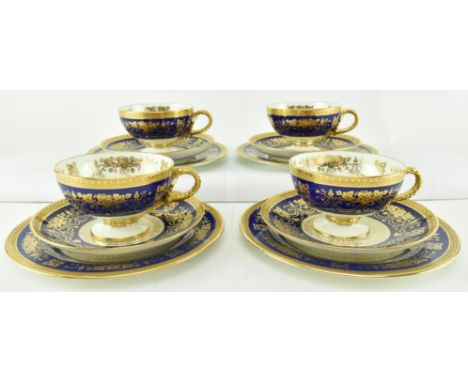 Brown Westhead &amp; Moore - Cauldon - A set of four trio sets of gilt and cobalt blue tea cups and saucers. Each cup having 