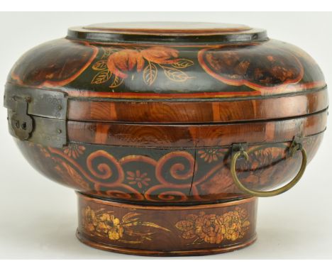 A Chinese Republic early 20th century hard wood and metal bound circular hand painted wedding basket / box. The basket having