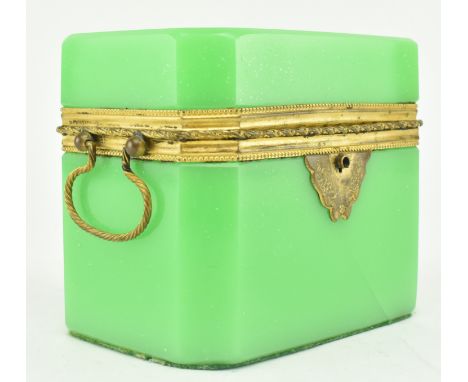 A mid 19th century circa 1860 Palais Royal French style opaline green uranium glass tea caddy / jewellery box. The box with g