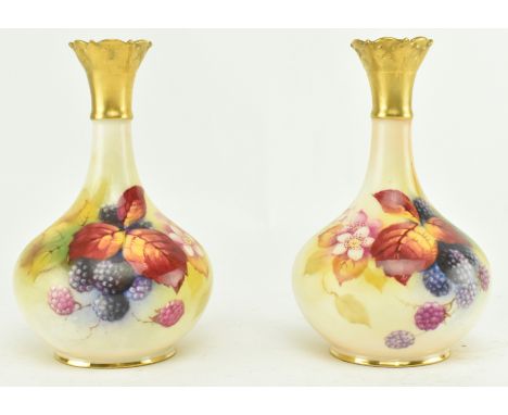 Royal Worcester - K. Blake - A pair of 20th century c.1938 fine bone china hand painted gilt flared rim globular vases. Each 