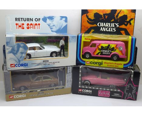 Four Corgi die-cast model vehicles comprising Charlie's Angels, Return of The Saint, Kojak and Elvis Thunderbird 