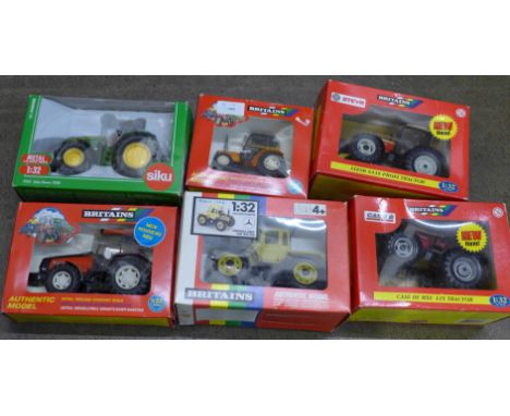 Five Britains and one Siku model tractors, boxed 