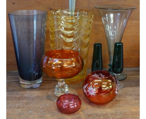 Coloured glass vases including a trumpet vase, ruby glass and a lemon yellow vase (8) 