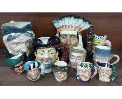 Two large and six other Royal Doulton character jugs, (Dick Turpin a/f, North American Indian a second), two Beswick characte