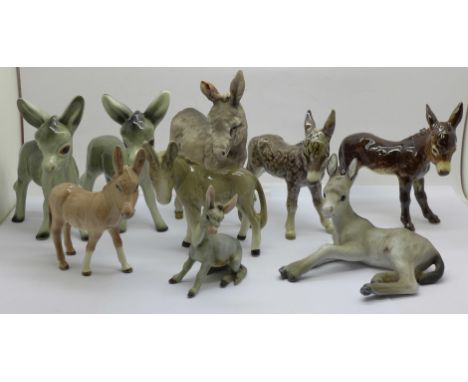 Eight models of donkeys, Goebel x2, Beswick, Kaiser, etc., a/f 