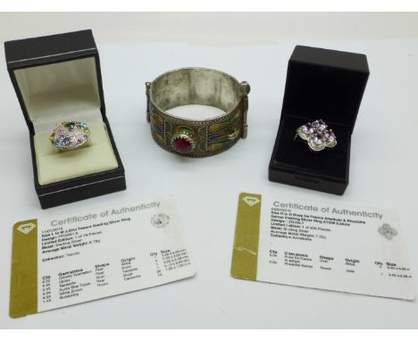 A silver Rose de France amethyst and rhodolite garnet ring, a silver and tourmaline, citrine, tanzanite, Swiss blue topaz and