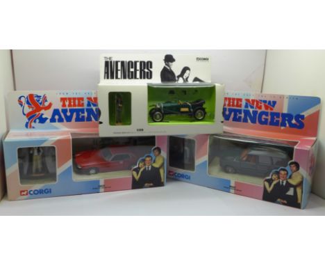 Three Corgi die-cast model vehicles, The Avengers and The New Avengers, boxed 