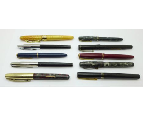 Ten fountain pens; Parker Junior Duofold with 14ct gold nib, Burnham No.54 with 14ct gold nib, The 'Nova' Pen, Osmiroid, Park