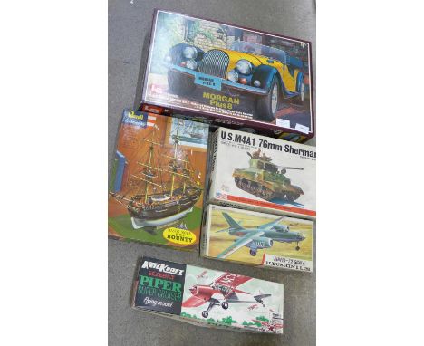 Five model kits; LS Morgan Plus8, Bandai Sherman, Revell H.M.S. Bounty, Airfix Ilyushin I.L.28 and KeilKraft Piper Super Crui