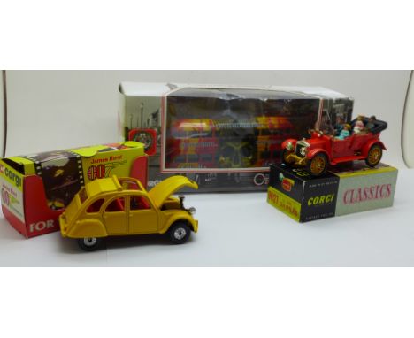 Three die-cast model vehicles, Corgi James Bond Citroen 2CV, 9021 Daimler and Blackpool Balloon Tram, boxed 