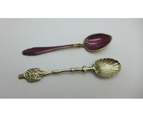 A Victorian silver spoon, London 1842 and an enamelled silver spoon by K. Hestenes, Norway, total weight 26g 