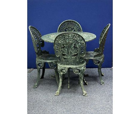 CAST ALUMINIUM GARDEN FURNITURE SET, circular table, painted green, 80cms (diam.), and four chairsProvenance: private collect