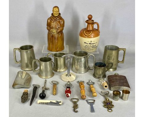 VARIOUS DRINKS CABINET CONTENTS including John McEwan ceramic abbot decanter, Wm. Maxwell scotch whisky decanter, leather cov