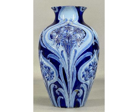 JAMES MACINTYRE & CO. FLORIAN VASE c. 1905, by James Moorcroft, blue on blue tube lined decoration, printed stamp to base and