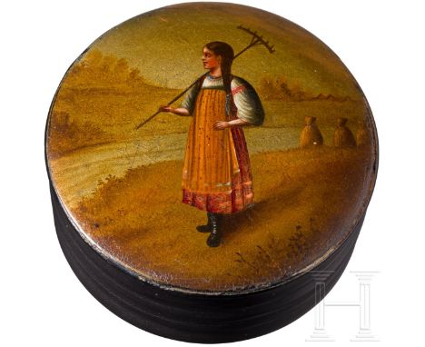 Lacktabatiere mit Bäuerin, Russland, Ostaschkowo, Werkstatt Osip F. Wischnjakow mit Söhnen, 1882 - 1885  Papiermaché, Schwarz