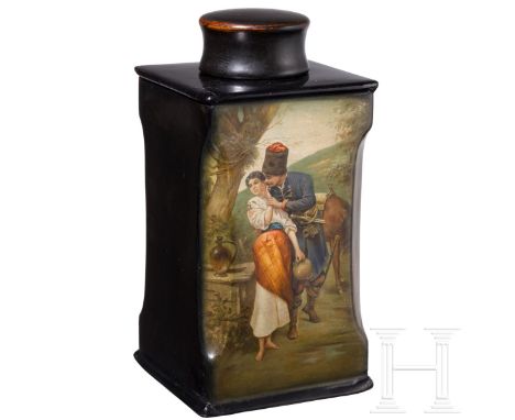 Große Lackteedose, Russland, Ostaschkowo, Werkstatt Osip F. Wischnjakow mit Söhnen, 1870 - 1872  Papiermaché, Schwarzlack, in