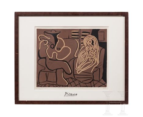 Nach Pablo Picasso, "Femme dans un Fauteuil et Guitariste", Linolschnitt, Frankreich, 2. Hälfte 20. Jhdt.  Linolschnitt. Ausd