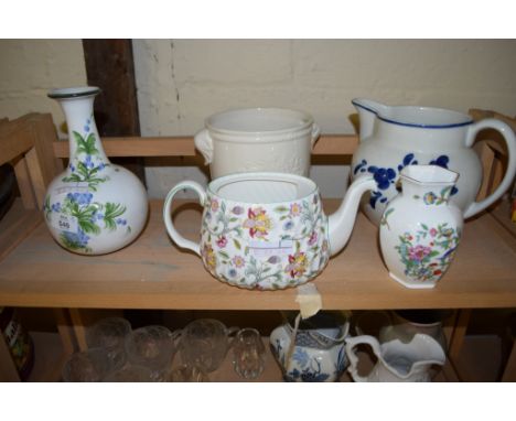 GROUP OF CERAMIC ITEMS INCLUDING A CONTINENTAL POTTERY VASE WITH GREEN DECORATION AND A SMALL AYNSLEY VASE