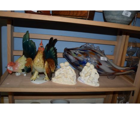 LARGE GLASS BLOWER FISH AND CERAMIC MODELS OF COCKERELS AND TWO PLASTER BUSTS OF CHERUBS