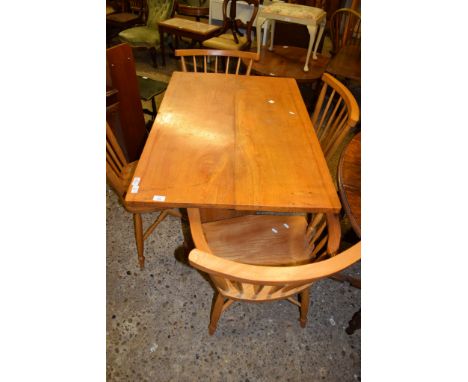 MODERN PINE REFECTORY STYLE TABLE, LENGTH APPROX 107CM TOGETHER WITH FOUR STICK BACK CHAIRS